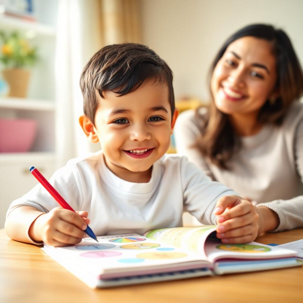 Niño feliz aprendiendo con cuaderno mágico Montessori